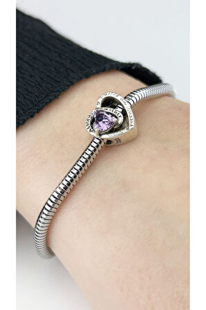 Kalp, Mor Zirkon Taşlı Sonsuz Aşk Pan Bileklik için Çelik Charm 15 Gümüş Renk, BİLEKLİK DAHİL DEĞİL