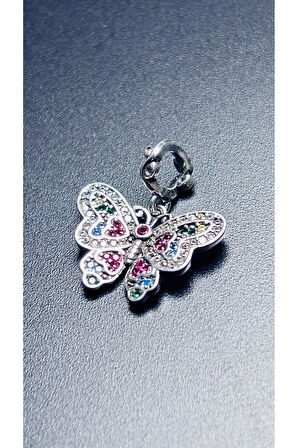 Çok Renk Zirkon Taş Ve Kelebek, Pan Bileklik için Çelik Charm 24, Gümüş Renk (BİLEKLİK DAHİL DEĞİL)