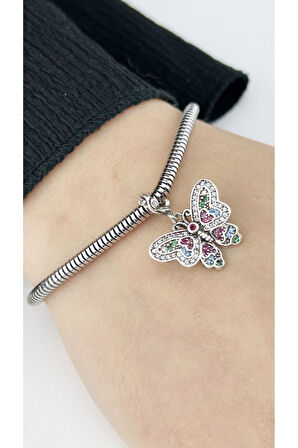 Çok Renk Zirkon Taş Ve Kelebek, Pan Bileklik için Çelik Charm 24, Gümüş Renk (BİLEKLİK DAHİL DEĞİL)