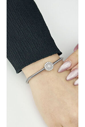 Zirkon Taşlı, Pan Bileklik için Çelik Charm 34, Gümüş Renk  (BİLEKLİK DAHİL DEĞİLDİR!!)