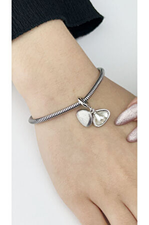 İçinden İnci Çıkan Midye, Pan Bileklik İçin Çelik Charm 45, Gümüş Renk (BİLEKLİK DAHİL DEĞİLDİR!!)