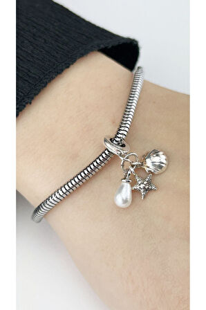 İnci, Midye, Deniz Yıldızı, Pan Bileklik İçin Çelik Charm 46, Gümüş Renk (BİLEKLİK DAHİL DEĞİL!!)