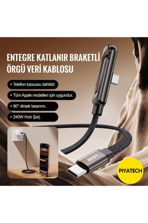 Piyatec 240W Hızlı Şarj Kablosu Entegre Katlanabilir Telefon Standlı 90 Derece Dirsek Tasarımlı Örgü Data Kablosu