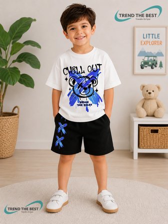 Yazlık Chill Out Baskılı Kız Erkek Çocuk Siyah Şort, Beyaz T-Shirt Takım
