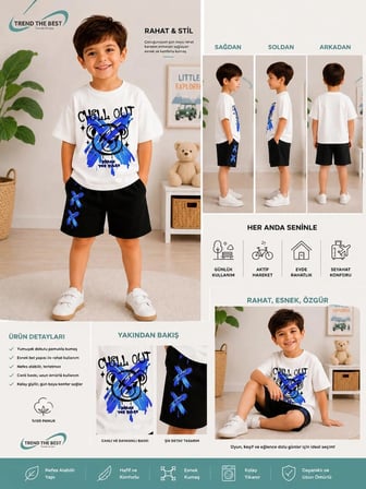 Yazlık Chill Out Baskılı Kız Erkek Çocuk Siyah Şort, Beyaz T-Shirt Takım