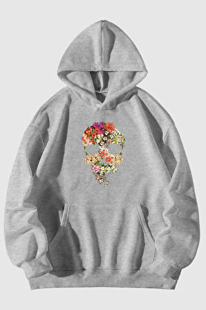 Çiçek Kurukafa Baskılı Unisex Siyah Kanguru Cepli Kapüşonlu Sweatshirt Hoodie | L