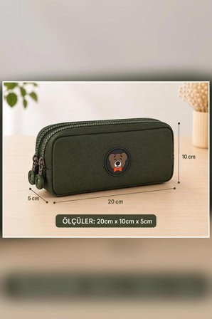 NEMO GROUP Unisex Haki Kalemlik, Çift Gözlü Kalem Kutusu, Ayıcık Logolu, 20x10x3cm