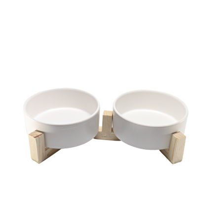 Doğal Seramik ve Ahşaptan Evcil hayvan mama ve su kabı çift hazneli