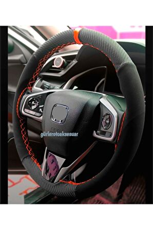 Honda Cıvıc Uyumlu Alkantara Karbon Dikmeli Deri Direksiyon Kılıfı Kırmızı Yüzüklü