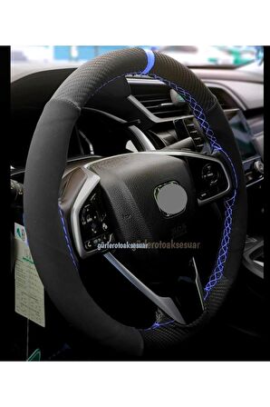 Honda Cıvıc Alkantra Karbon Dikmeli Deri Direksiyon Kılıfı Mavi Yüzüklü