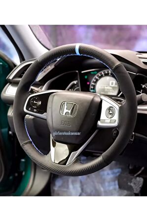 Honda Cıvıc Alkantra Karbon Dikmeli Deri Direksiyon Kılıfı Mavi Yüzüklü