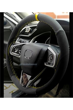 Honda Cıvıc Karbon Alkantra Dikmeli Direksiyon Kılıfı Nubuk Sarı Yüzüklü