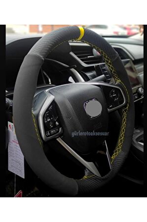 Honda Cıvıc Karbon Alkantra Dikmeli Direksiyon Kılıfı Nubuk Sarı Yüzüklü