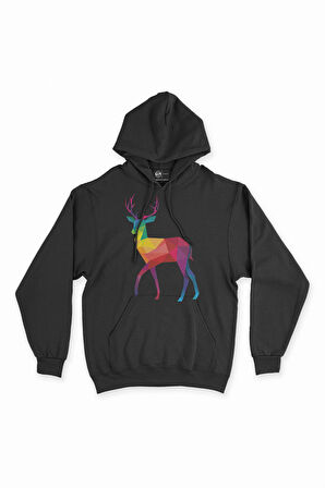 Gökkuşağı Renkli Polygon Geyik Kapşonlu Sweatshirt Hoodie