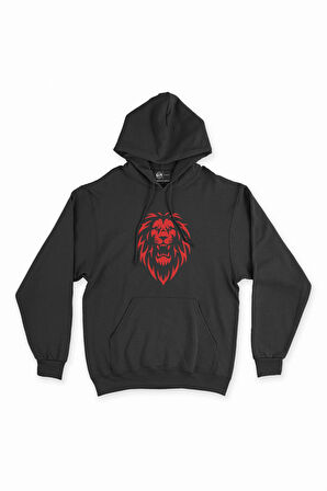 Kırmızı Aslanlı Siyah Kapşonlu Sweatshirt Hoodie