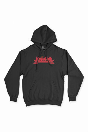 İstanbul Tasarımlı Siyah Kapşonlu Sweatshirt Hoodie