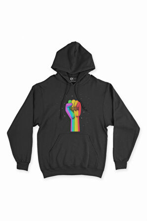 Gökkuşağı Yumruk Siyah Kapşonlu Sweatshirt Hoodie