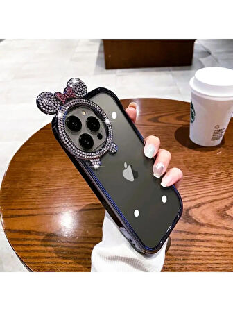 Yansıt iPhone 15 Uyumlu Taşlı Minnie Mouse Kulaklı Taşlı Metalik Çerçeveli Şeffaf Silikon Kılıf