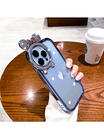 Yansıt iPhone 15 Uyumlu Taşlı Minnie Mouse Kulaklı Taşlı Metalik Çerçeveli Şeffaf Silikon Kılıf