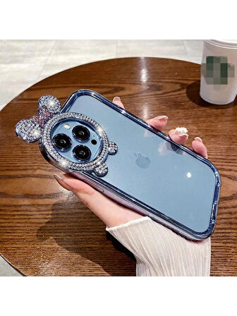 Yansıt iPhone 15 Uyumlu Taşlı Minnie Mouse Kulaklı Taşlı Metalik Çerçeveli Şeffaf Silikon Kılıf