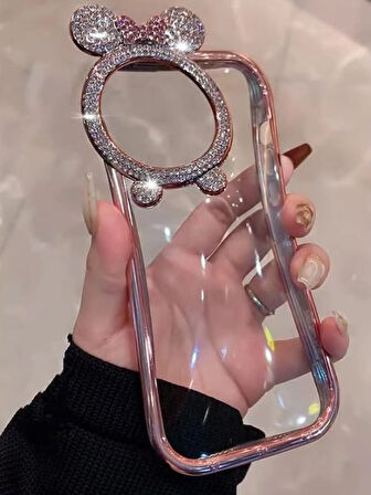 Yansıt iPhone 15 Uyumlu Taşlı Minnie Mouse Kulaklı Taşlı Metalik Çerçeveli Şeffaf Silikon Kılıf