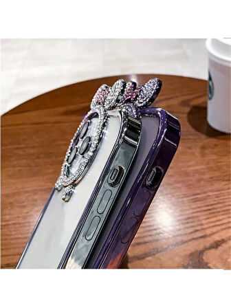 Yansıt iPhone 15 Uyumlu Taşlı Minnie Mouse Kulaklı Taşlı Metalik Çerçeveli Şeffaf Silikon Kılıf