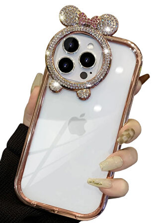 iPhone 14 Pro Max Uyumlu Taşlı Minnie Mouse Kulaklı Işıltılı Şeffaf Silikon Kılıf