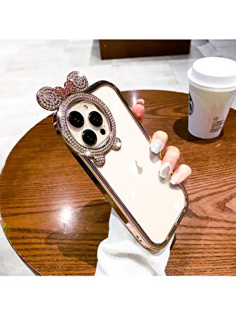 iPhone 14 Pro Max Uyumlu Taşlı Minnie Mouse Kulaklı Işıltılı Şeffaf Silikon Kılıf