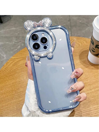 iPhone 14 Pro Max Uyumlu Taşlı Minnie Mouse Kulaklı Işıltılı Şeffaf Silikon Kılıf
