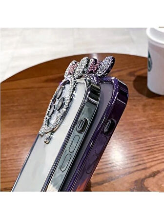 Yansıt iPhone 15 Uyumlu Taşlı Minnie Mouse Kulaklı Taşlı Metalik Çerçeveli Şeffaf Silikon Kılıf