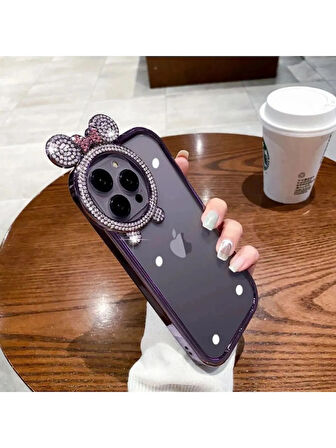 iPhone 14 Pro Max Uyumlu Taşlı Minnie Mouse Kulaklı Işıltılı Şeffaf Silikon Kılıf