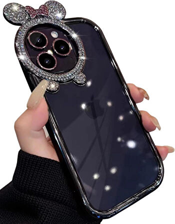  iPhone 11 Uyumlu Taşlı Minnie Kulaklı Işıltılı Şeffaf Silikon Kılıf