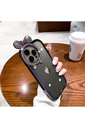  iPhone 11 Uyumlu Taşlı Minnie Kulaklı Işıltılı Şeffaf Silikon Kılıf