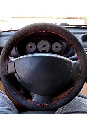 Renault Clio Uyumlu Deri Dikmeli Direksiyon Kılıfı Noktalı Kırmızı Ipli (38CM×10.5CM)