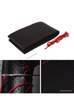 Renault Clio Uyumlu Deri Dikmeli Direksiyon Kılıfı Noktalı Kırmızı Ipli (38CM×10.5CM)