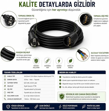 3x2.5mm TTR Topraklı Siyah Kauçuk Seyyar Uzatma Kablosu (10 METRE