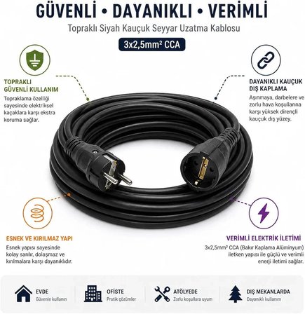 3x2.5mm TTR Topraklı Siyah Kauçuk Seyyar Uzatma Kablosu (15 METRE)