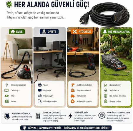  25 METRE 3x2.5mm TTR Topraklı Siyah Kauçuk Seyyar Uzatma Kablosu (25 METRE)