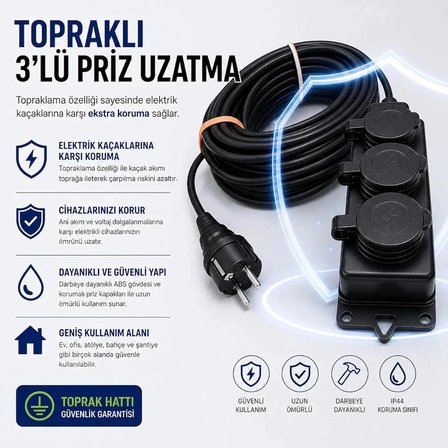 10 METRE 3’lü Grup Priz 3x2.5mm TTR Topraklı Siyah Kauçuk Uzatma Kablosu (10 METRE)