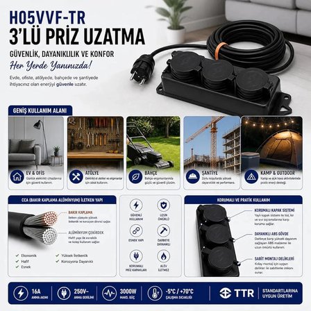30 METRE 3’lü Grup Priz 3x2.5mm TTR Topraklı Siyah Kauçuk Uzatma Kablosu (30 METRE)