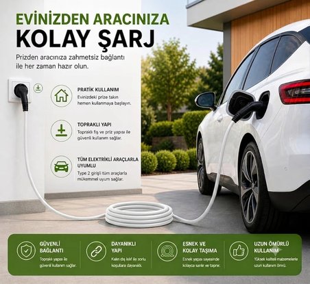  10 METRE Evden Elektrikli Araba Şarj Uzatma Kablosu Topraklı%100 Bakır 3x2.5mm (BEYAZ