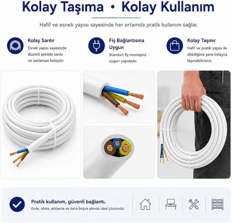  15 METRE 3x2,5 MM CCA TTR BEYAZ RENK KAUÇUK TOPRAKLI SEYYAR ELEKTRİK KABLOSU