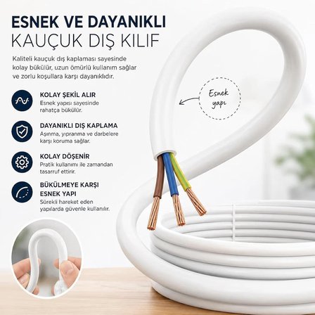 35 METRE 3x2,5  MM CCA TTR BEYAZ RENK KAUÇUK TOPRAKLI SEYYAR ELEKTRİK KABLOSU