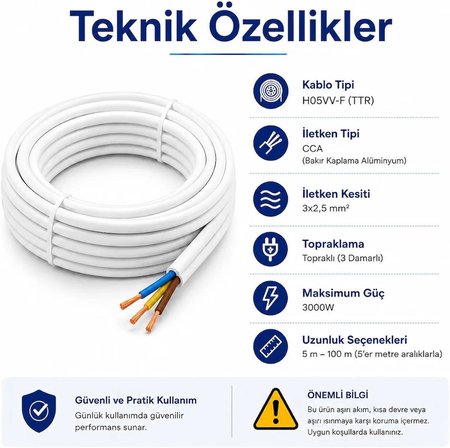  50 METRE 3x1,5 MM CCA TTR BEYAZ RENK KAUÇUK TOPRAKLI SEYYAR ELEKTRİK KABLOSU