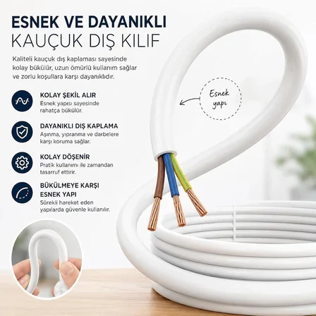  50 METRE 3x1,5 MM CCA TTR BEYAZ RENK KAUÇUK TOPRAKLI SEYYAR ELEKTRİK KABLOSU