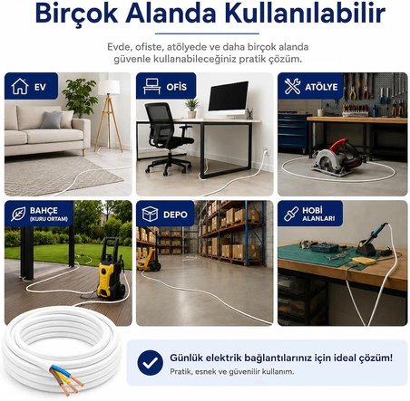  50 METRE 3x1,5 MM CCA TTR BEYAZ RENK KAUÇUK TOPRAKLI SEYYAR ELEKTRİK KABLOSU