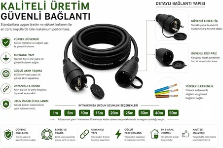  25 METRE Evden Elektrikli Araba Şarj Uzatma Kablosu Topraklı%100 Bakır 3x2.5mm siyah