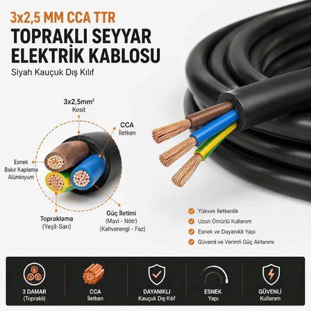   25 METRE SİYAH 3x2,5 MM CCA TTR KAUÇUK TOPRAKLI SEYYAR ELEKTRİK KABLOSU