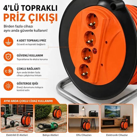  20 METRE Makaralı Uzatma Kablosu 3x2.5mm- Güçlü ve Dayanıklı