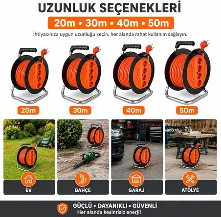  30 METRE Makaralı Uzatma Kablosu 3x2.5mm-  Güçlü ve Dayanıklı